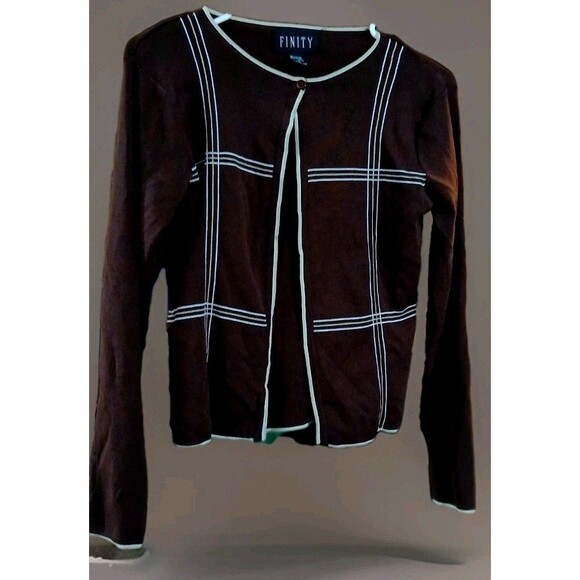 Finity Women’s M Brown White Trim Cardigan One Button Y2K Preppy Grunge Sweater - Picture 1 of 5